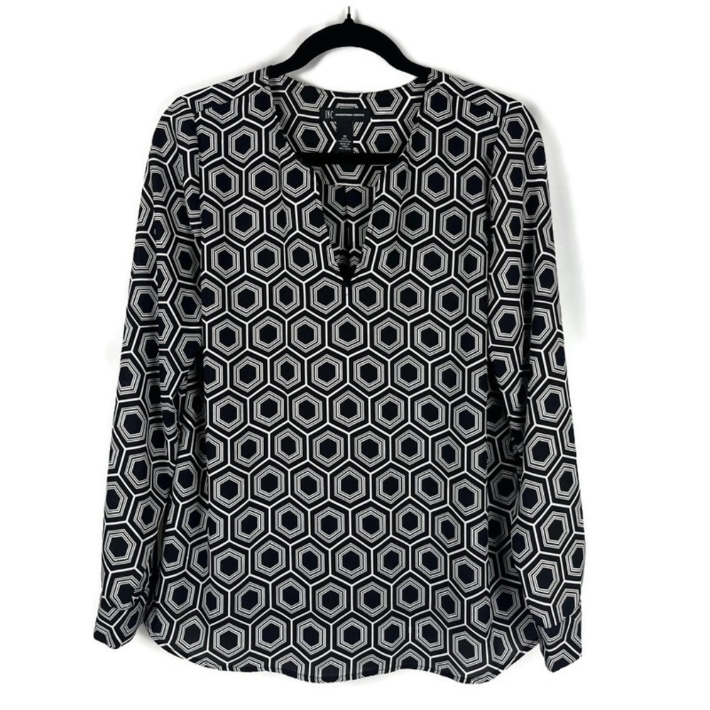 INC Geometric Black White Print V-Neck Pullover Long Sleeve Blouse Top Size 10